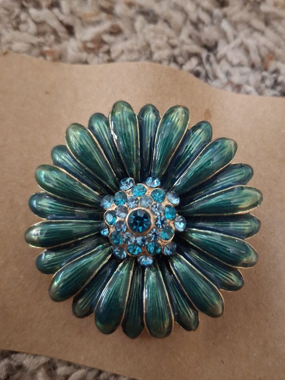 MONET Teal Flower Statement Brooch with Blue Rhinestones